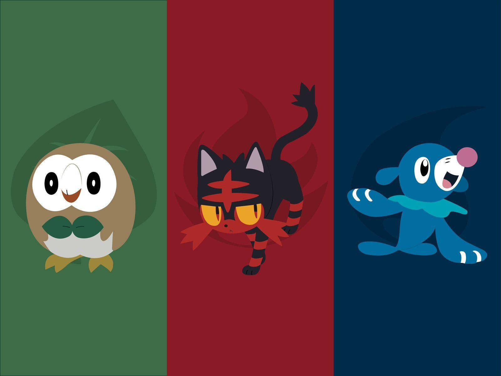 Rowlet 桌布 壁紙 — 三個風格化的寶可夢角色，每個都在一個彩色垂直面板中：貓頭鷹、貓和藍色生物。