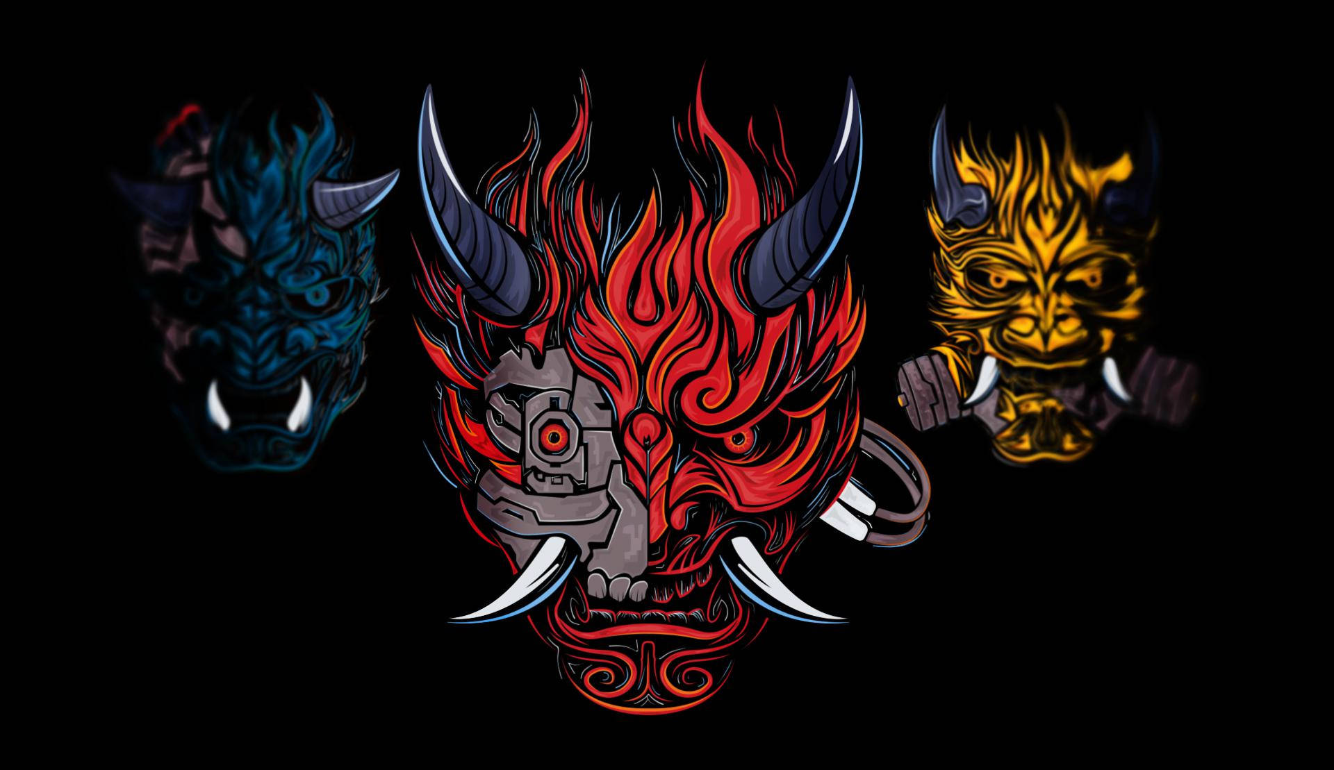 Oni 桌布 壁紙 — 三個風格化的惡魔面具在黑色背景上散發出火紅、藍色和金色的光芒。