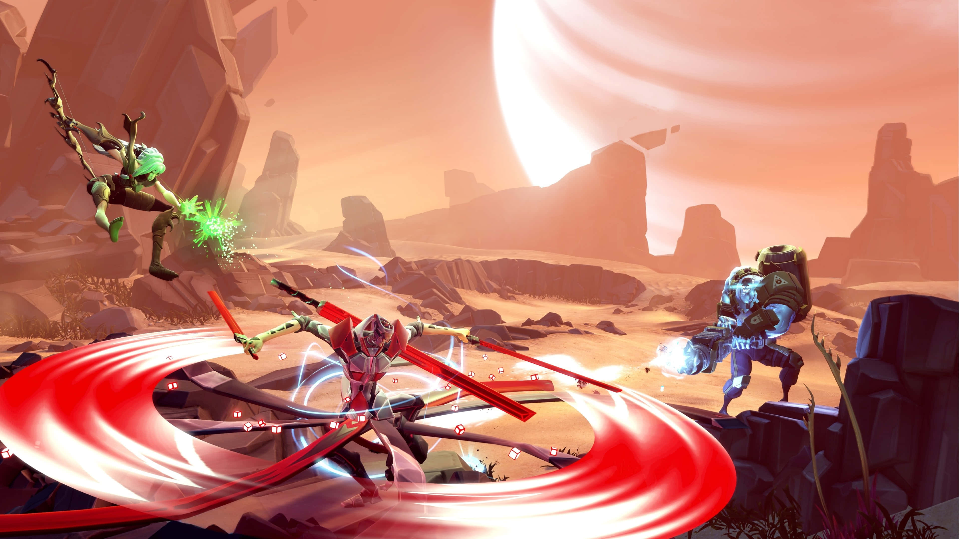 Moba Games 桌布 壁紙 — 三個風格化的戰士在沙漠峽谷中，在一個巨大的發光月亮下，伴隨著旋轉的紅色能量效果交戰。