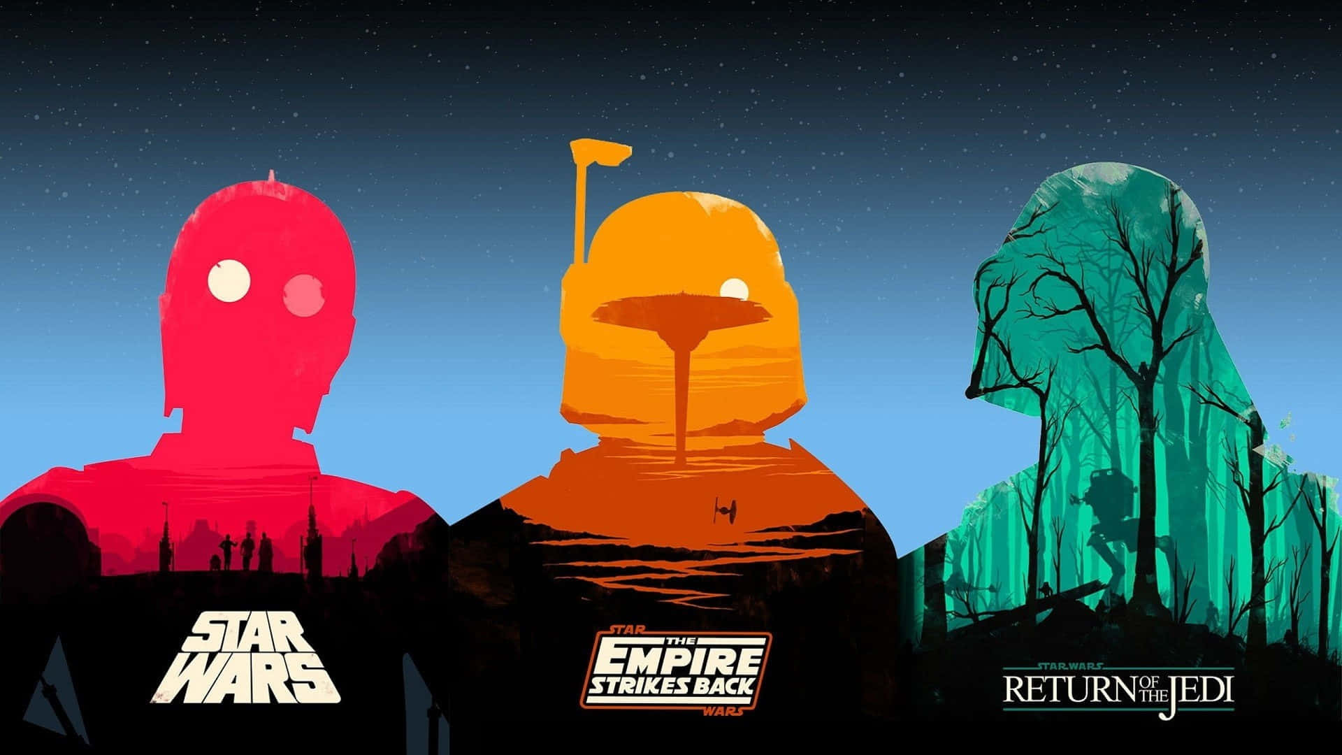 Return Of The Jedi 桌布 壁紙 — 三個風格化的星際大戰角色以大膽的紅橙色和青綠色剪影呈現，背景是繁星點點的夜空，下方有電影標題。