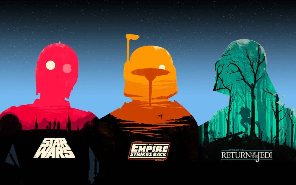 Epic Star Wars 桌布 壁紙 — 三個風格化的星際大戰角色剪影，背景是星空，下方有電影標題。