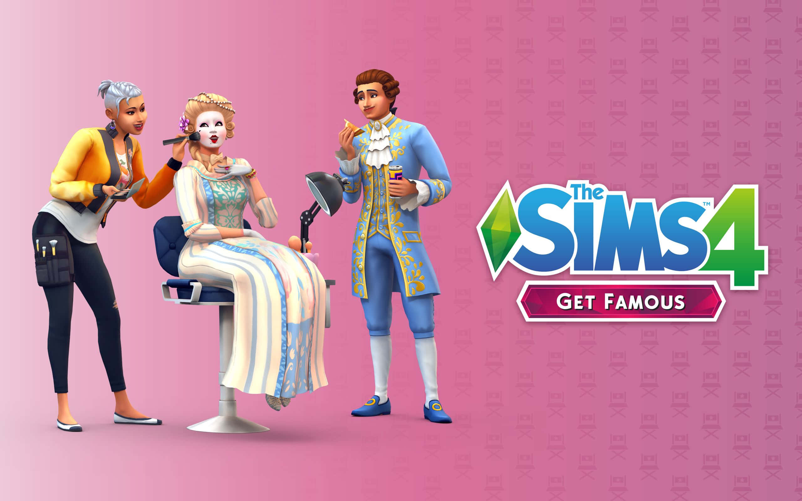 The Sims 4 桌布 壁紙 — 三個風格化的模擬市民角色在粉紅色背景上擺姿勢，並帶有《The Sims 4 星夢起飛》的遊戲標誌。