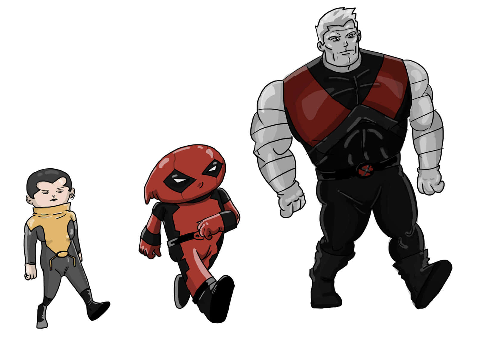 Deadpool And Negasonic Teenage Warhead 桌布 壁紙 — 三個風格化的漫畫角色並排行走，由小到大排成一列，背景為純白色。