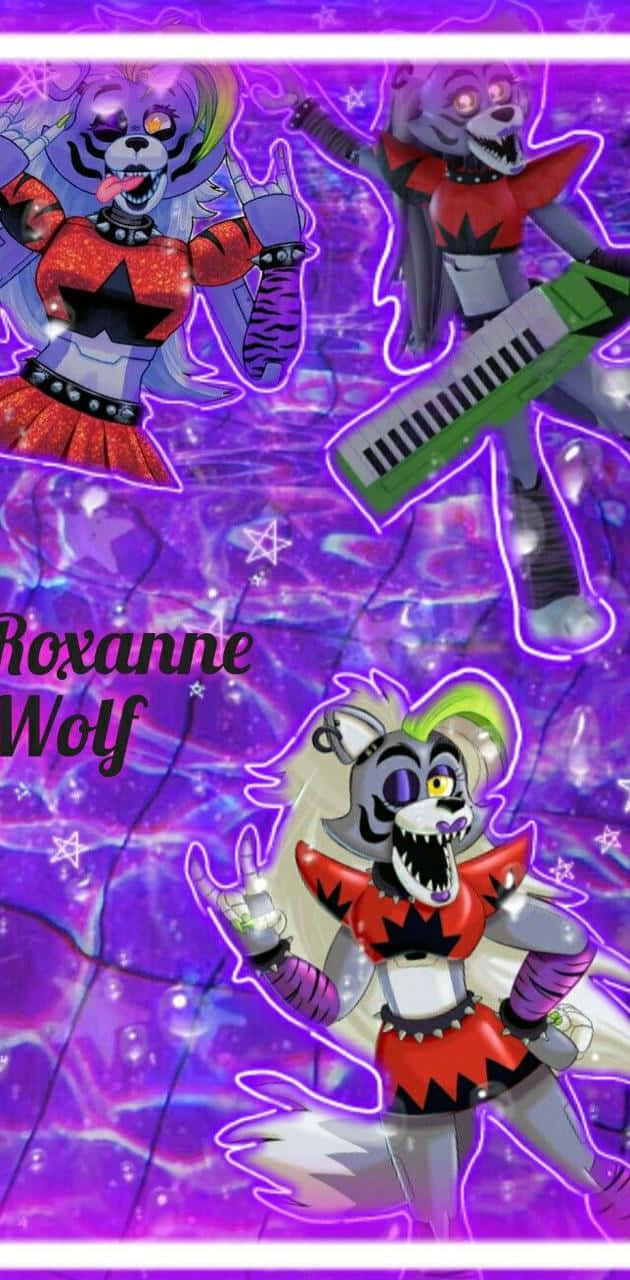 Roxanne Wolf 桌布 壁紙 — 三個風格化的狼角色穿著龐克服裝，在閃爍的紫色宇宙背景與星星前表演。
