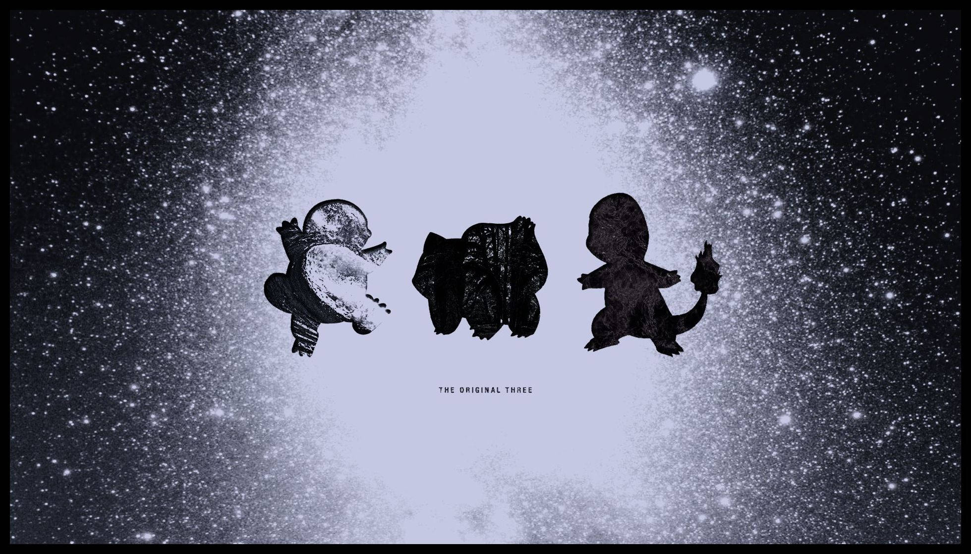 小火龍 桌布 壁紙 — 三個風格化的猴子剪影漂浮在星空宇宙背景上，中央有一個發光的球體。