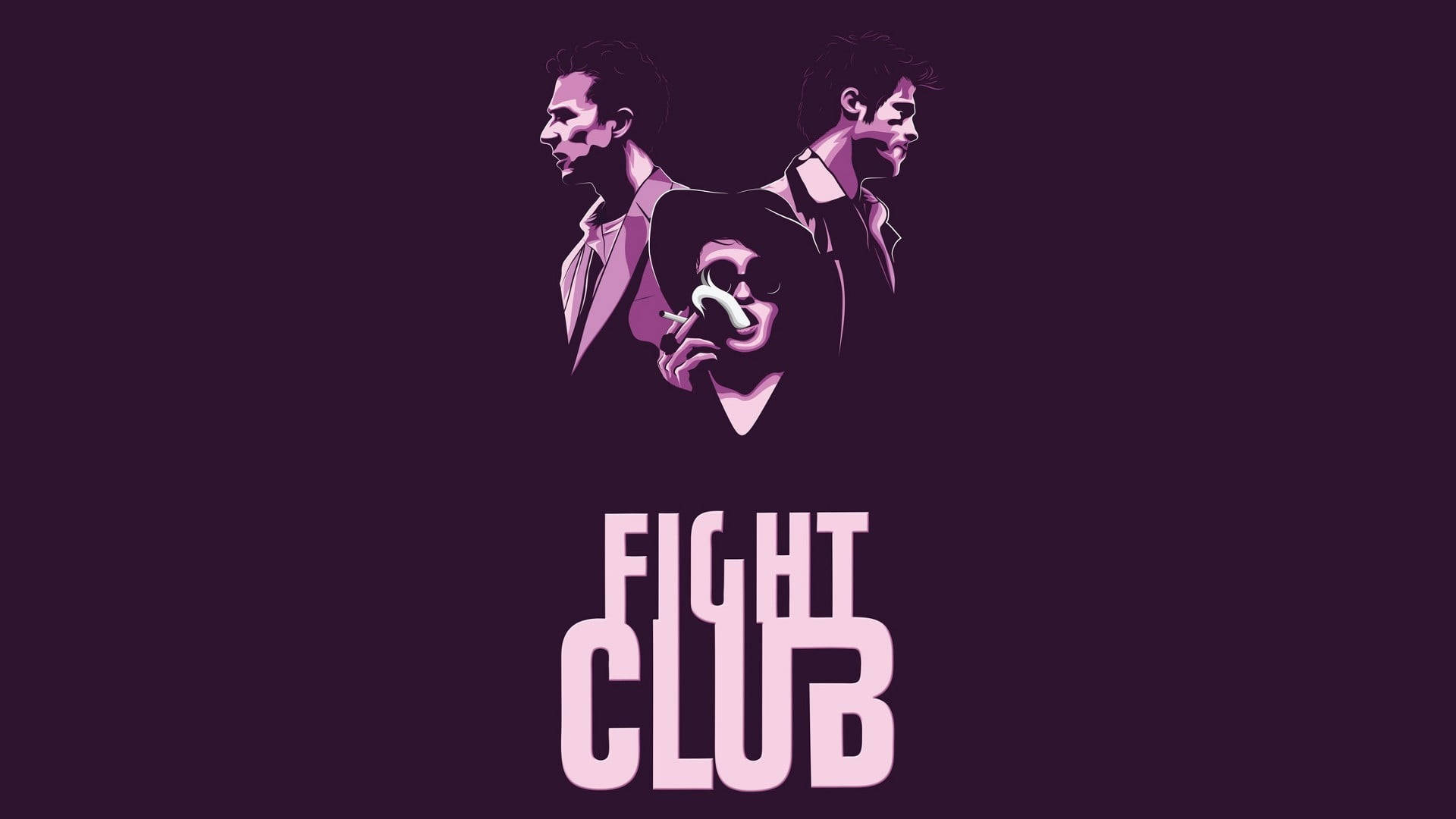 club 桌布 壁紙 — 三個風格化的男性人物，以紫色調呈現，中央人物手持香菸，背景為深色，帶有粗體「FIGHT CLUB」文字。