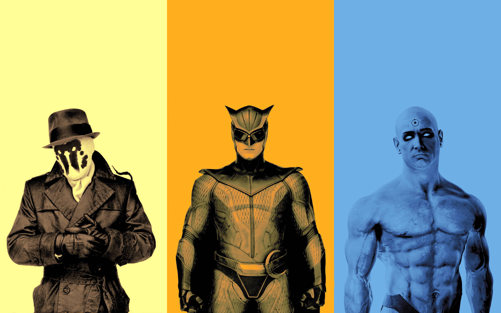 Watchmen 桌布 壁紙 — 三個風格化的男性人物站在大膽的黃色、橙色和藍色面板前，各自具有獨特的面具或裸露胸膛的外觀。