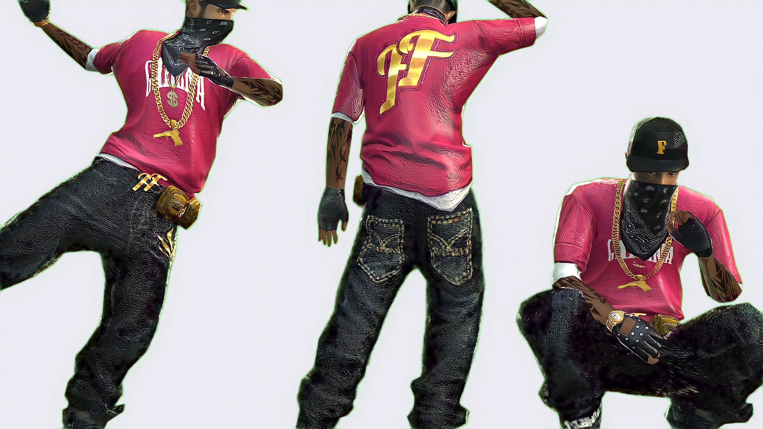 Free Fire 嘻哈套裝 桌布 壁紙 — 三個風格化的男性角色穿著相配的粉紅色運動衫和黑色牛仔褲，在純白色背景前擺出動態姿勢。