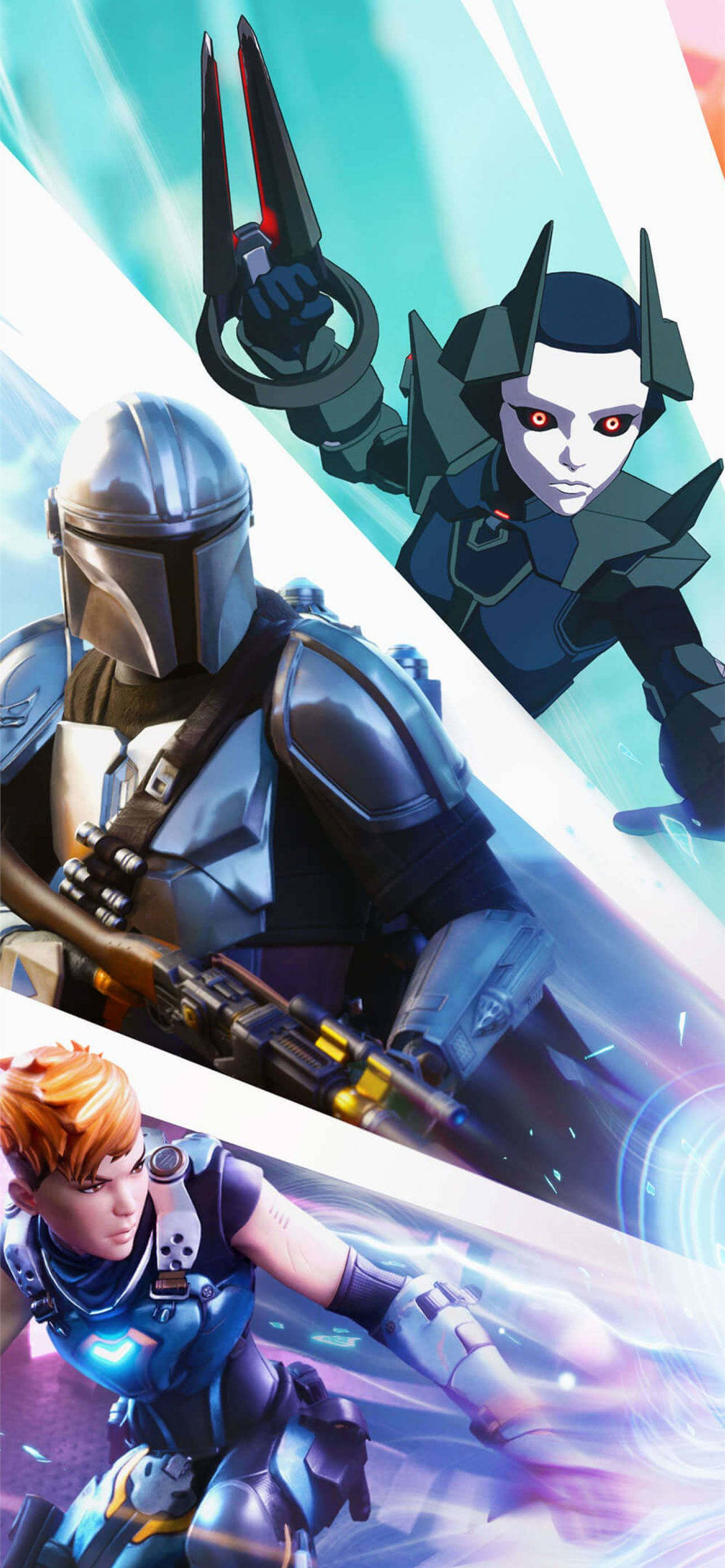 Fortnite Chapter 3 桌布 壁紙 — 三個風格化的科幻角色，以動態姿勢呈現，配以發光武器和能量效果，背景為充滿活力的抽象圖案。