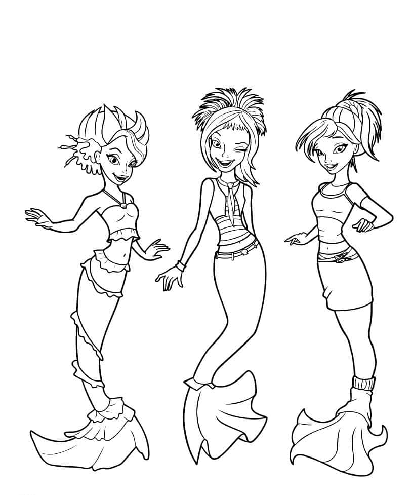 Mermaid Coloring 桌布 壁紙 — 三個風格化的美人魚女孩以黑白線條藝術呈現，表情豐富，頭髮飄逸，姿態歡快。