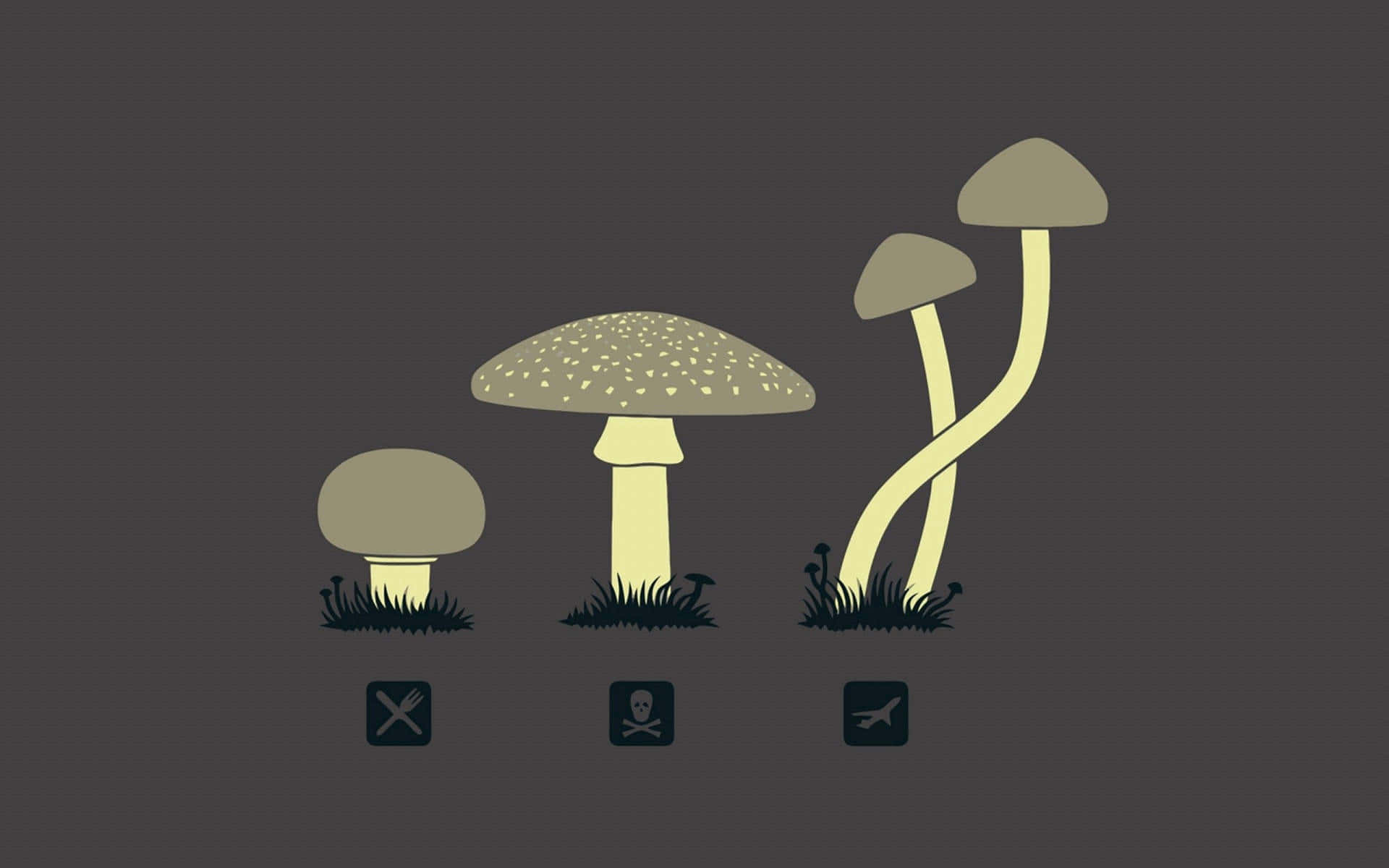 mushrooms 桌布 壁紙 — 三個風格化的蘑菇，每個下方都有警告圖標，背景為深灰色。