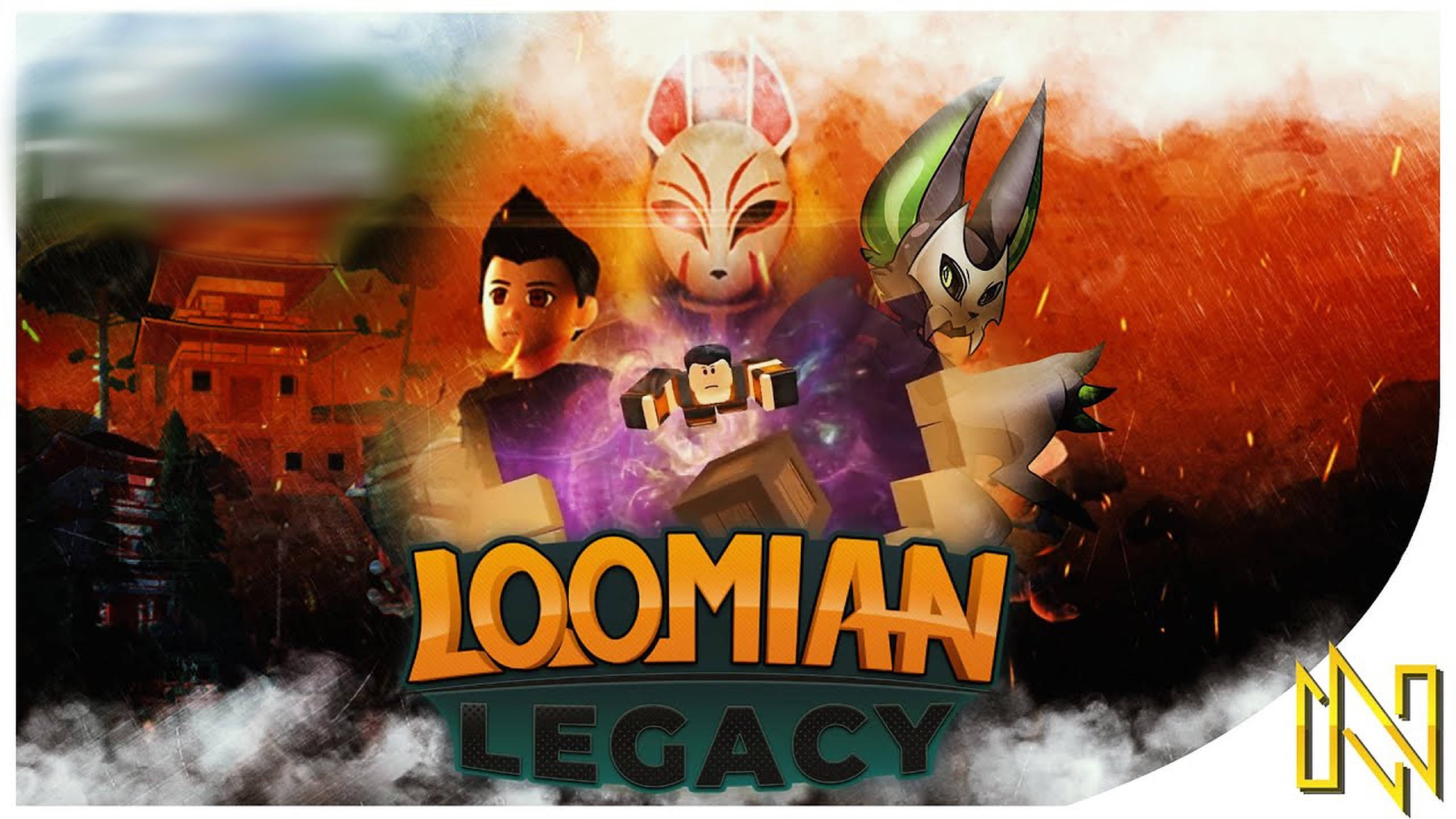 loomian legacy 桌布 壁紙 — 三個風格化的角色，戴著狐狸和龍面具，站在火熱的寺廟背景前，帶有發光的標題文字。