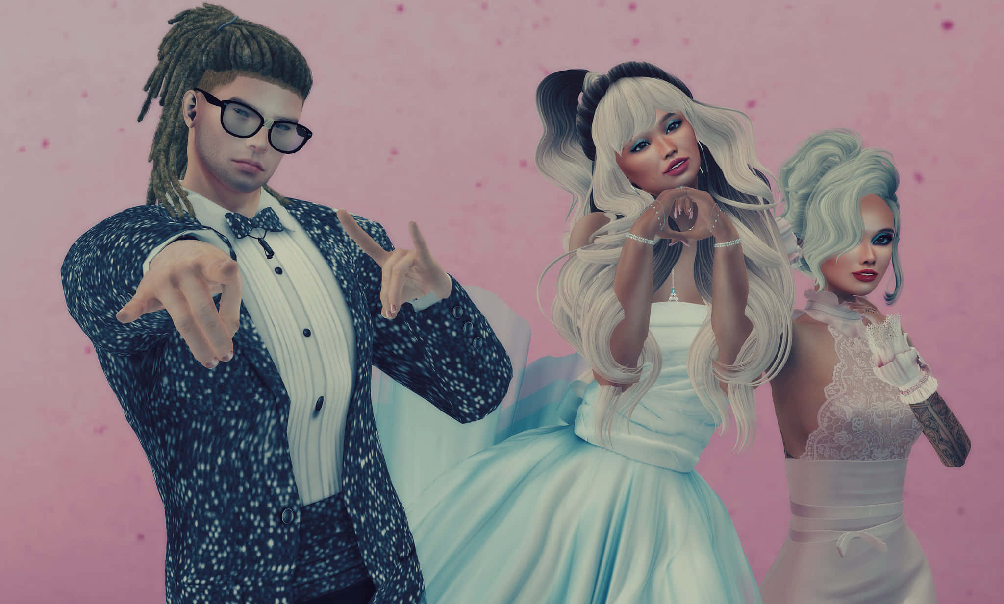 80s Prom 桌布 壁紙 — 三個風格化的角色在帶有微妙閃粉的柔和粉紅色背景前自信地擺姿勢。