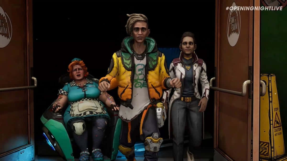 Borderlands Characters 桌布 壁紙 — 三個風格化的角色在科幻場景中站在門口，一個坐輪椅，另一個穿黃色夾克，第三個穿白色夾克。