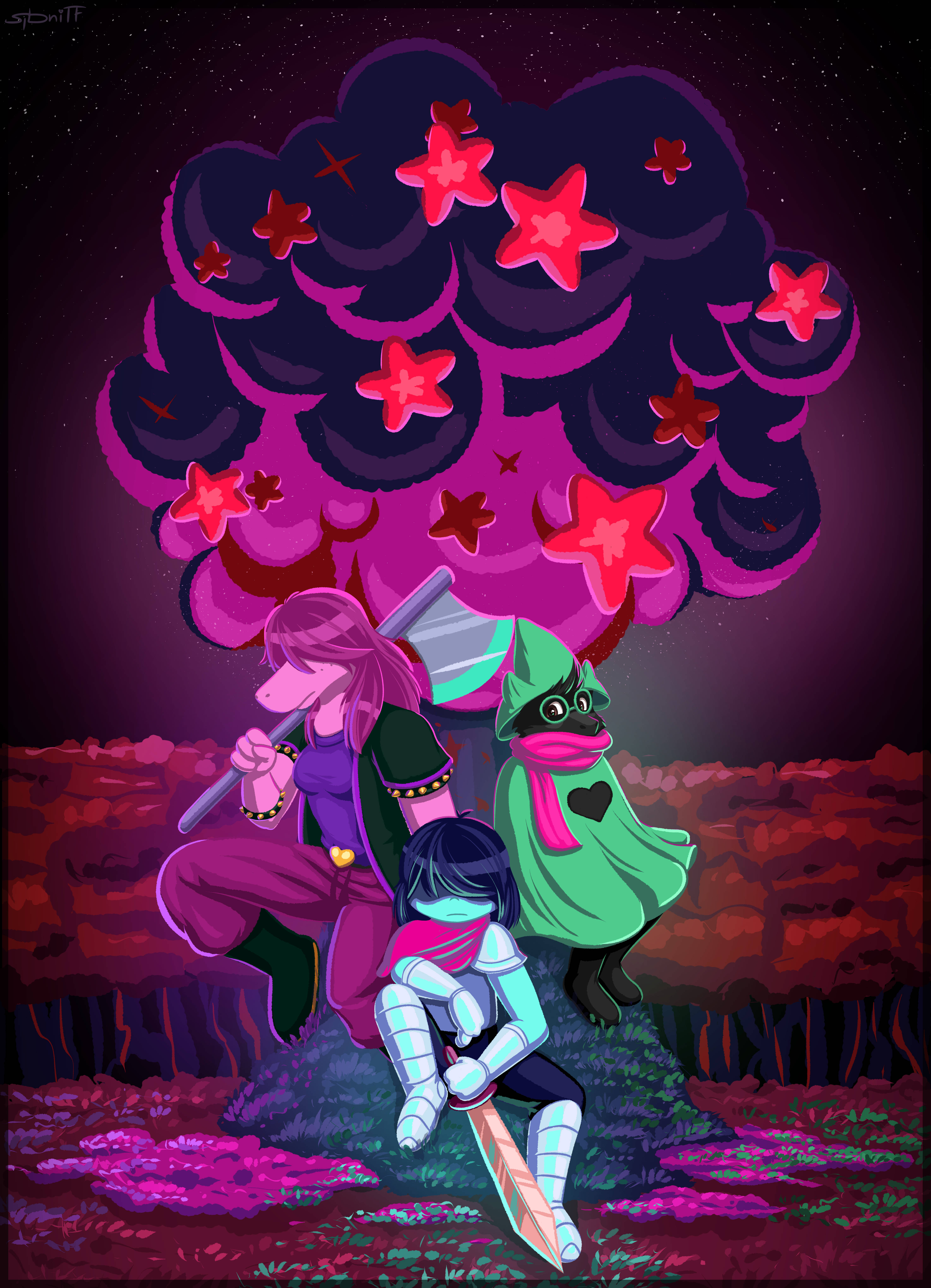 Deltarune 桌布 壁紙 — 三個風格化的角色坐在一棵閃爍著星星的樹下，背景是超現實的紫色夜景。