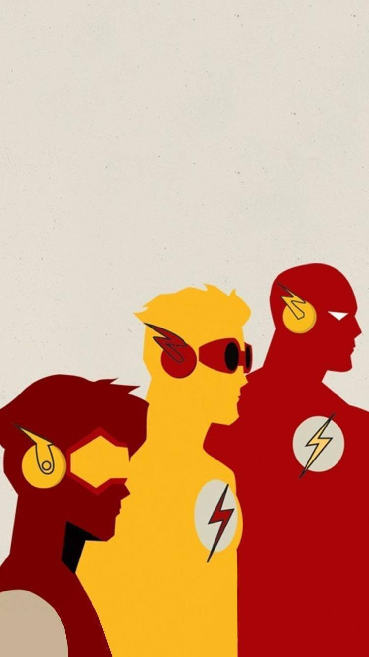 the flash iPhone 桌布 壁紙 — 三個風格化的超級英雄剪影，分別為紅色、黃色和橙色，並排站在純米白色背景前。