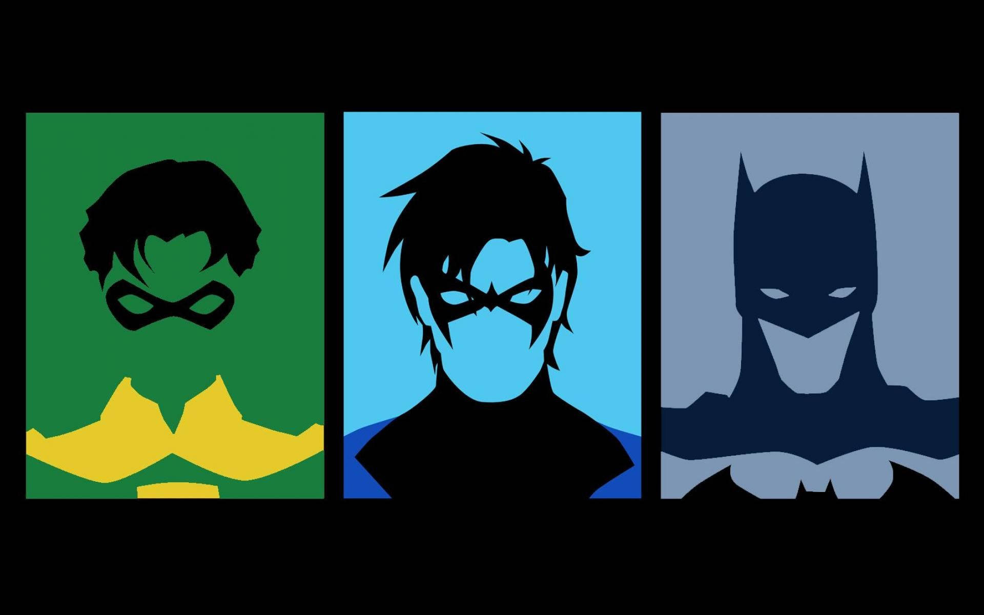 Nightwing 桌布 壁紙 — 三個風格化的超級英雄剪影：蝙蝠俠、羅賓和夜翼，並排站在彩色背景前。
