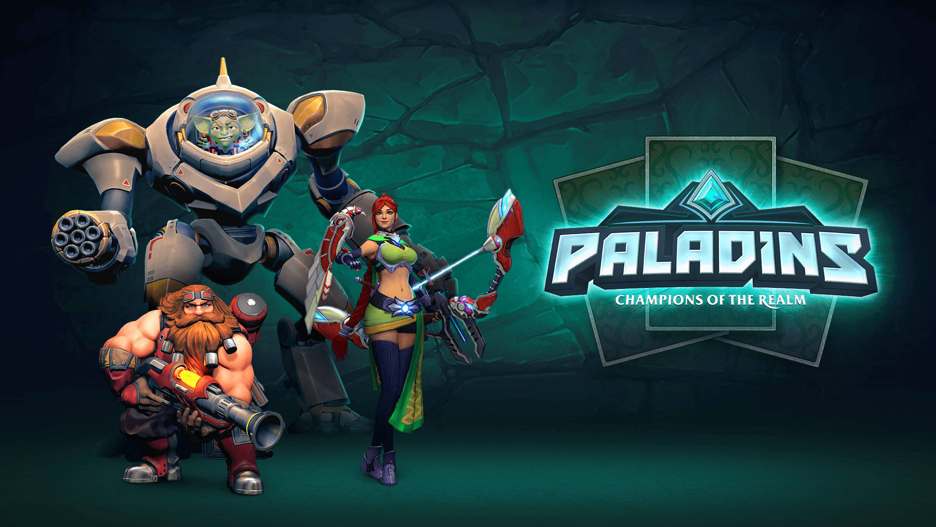電玩遊戲 桌布 壁紙 — 三個風格化的遊戲角色站在發光的 Paladins 標誌前，背景是深藍綠色的石牆。
