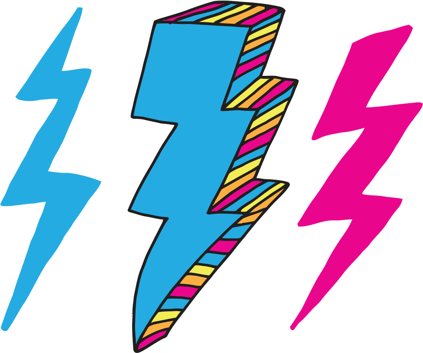 閃電 桌布 壁紙 — 三個風格化的閃電，顏色大膽，中央一個帶條紋，背景為黑色。