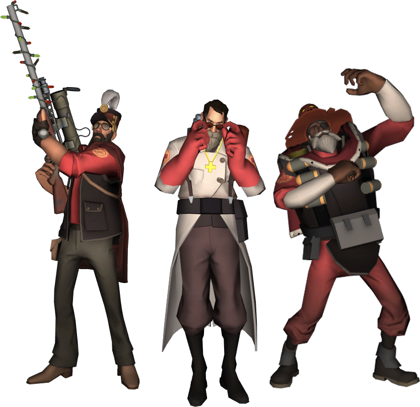 Tf2 桌布 壁紙 — 三個風格化的電子遊戲角色，身穿紅色和灰色裝備，在黑色背景前動態擺姿勢。