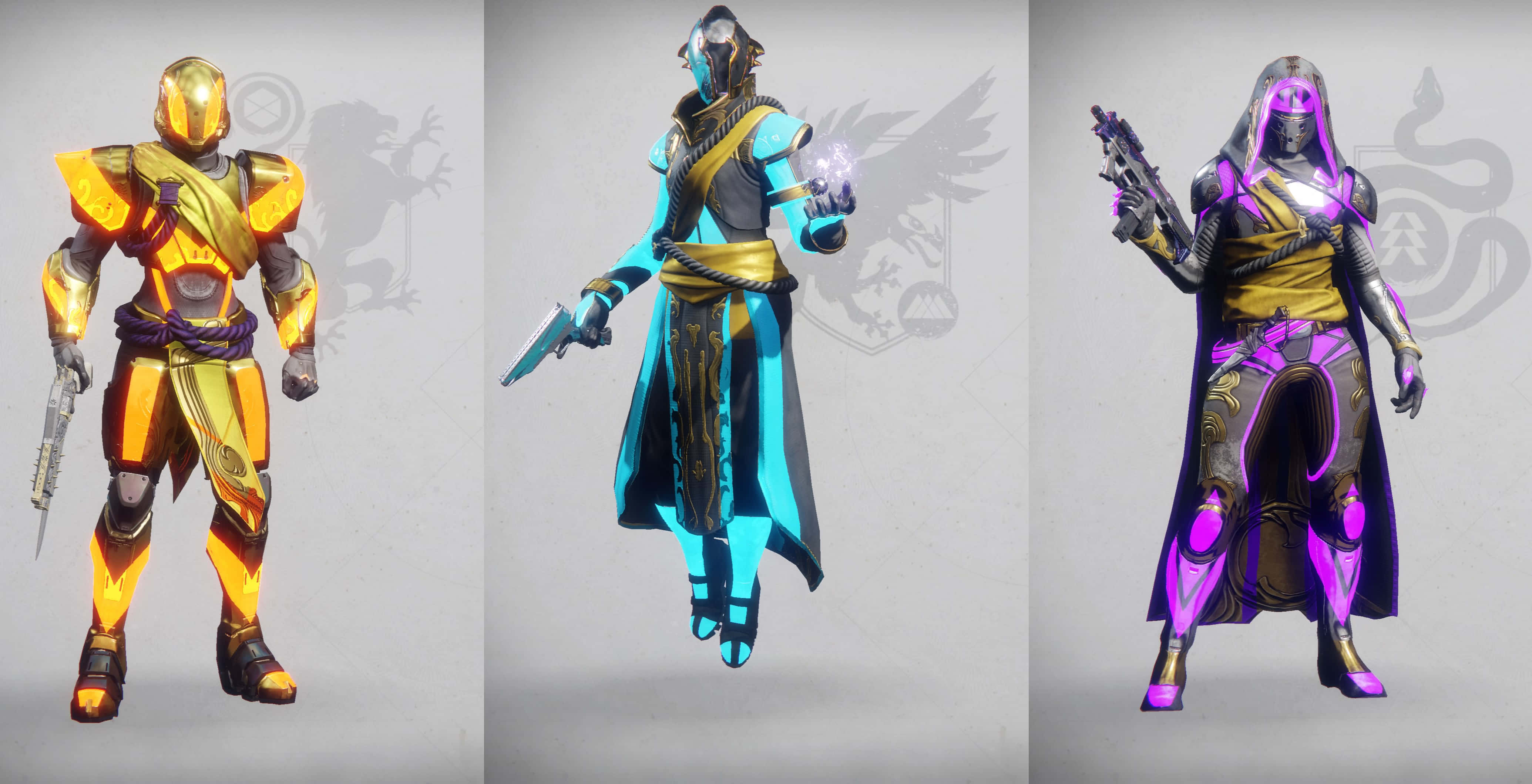 Destiny Characters 桌布 壁紙 — 三個風格化的電子遊戲角色穿著鮮豔的盔甲，在純色背景前擺姿勢，各自手持未來武器。