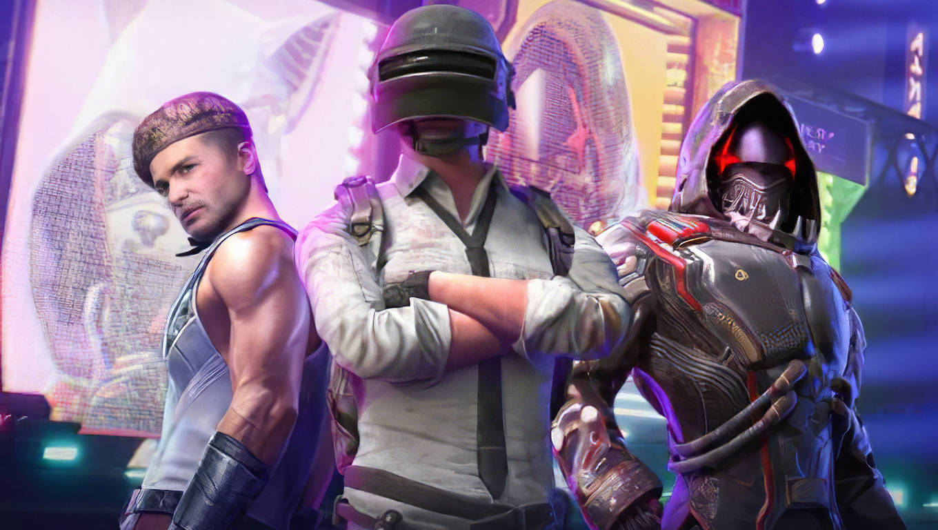 Playerunknown's Battlegrounds 桌布 壁紙 — 三個風格化的電子遊戲角色自信地站在霓虹燈照亮的未來城市景觀中，背後有發光的廣告牌。