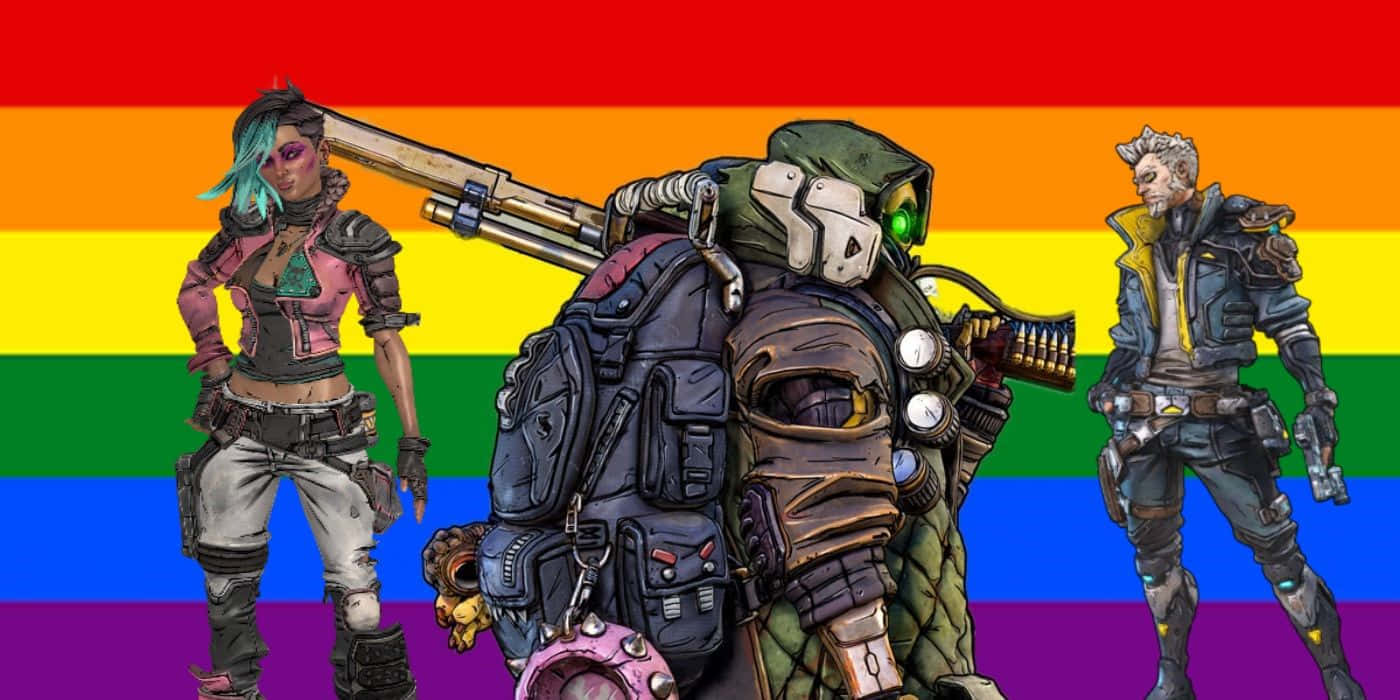 Borderlands Characters 桌布 壁紙 — 三個風格化的電子遊戲角色自信地站在鮮豔的彩虹旗背景前。