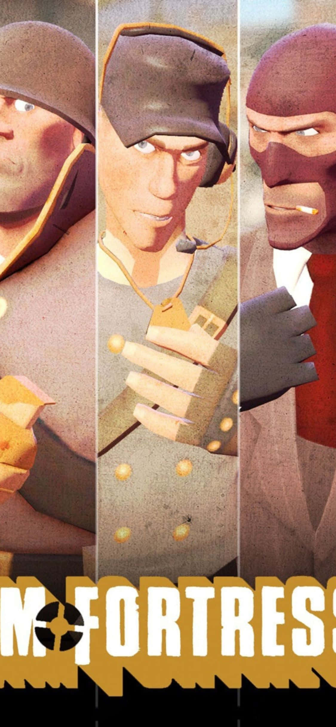 iPhone Xs Team Fortress 2 桌布 壁紙 — 三個風格化的電子遊戲角色身穿軍裝，並排站立，表情嚴肅。
