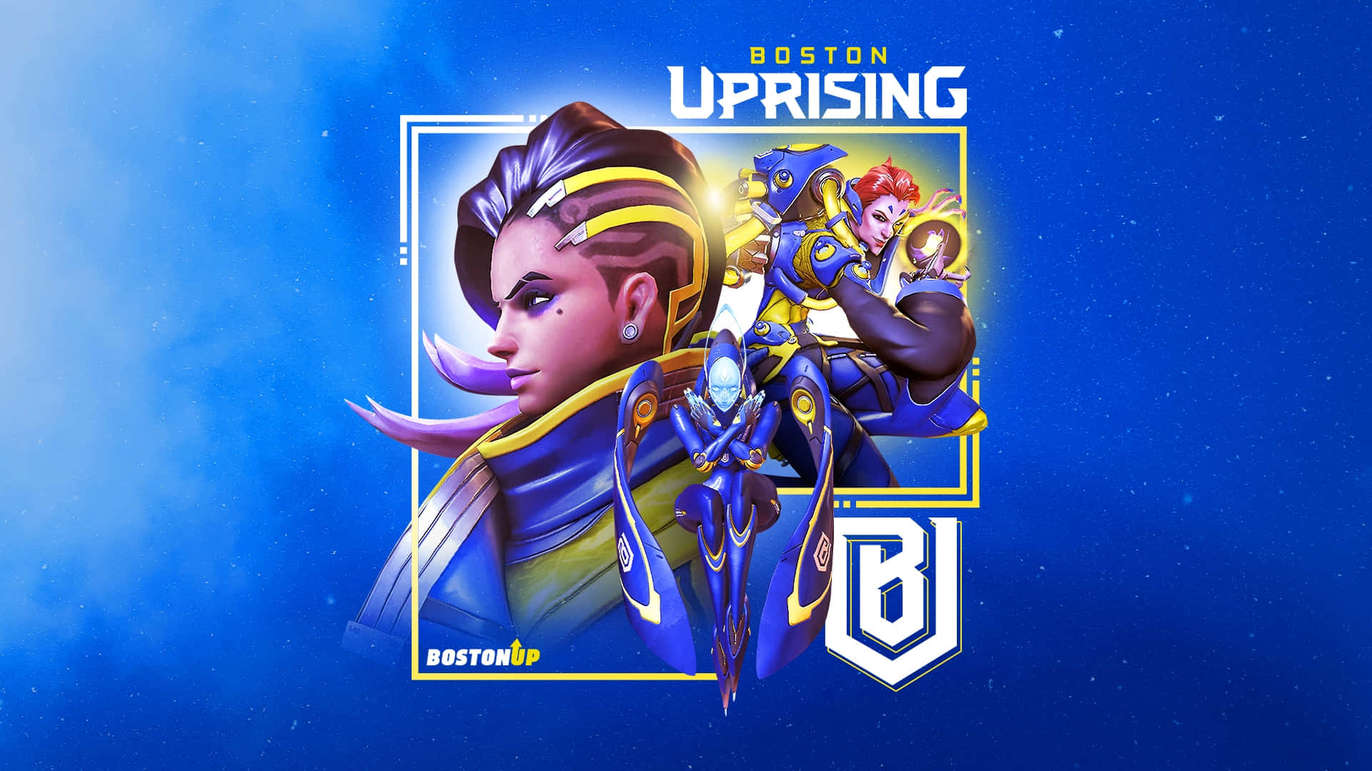Overwatch League 桌布 壁紙 — 三個風格化的電競角色身穿藍色和金色裝備，在星空藍色背景前動態擺姿勢，帶有「Boston Uprising」品牌標識。