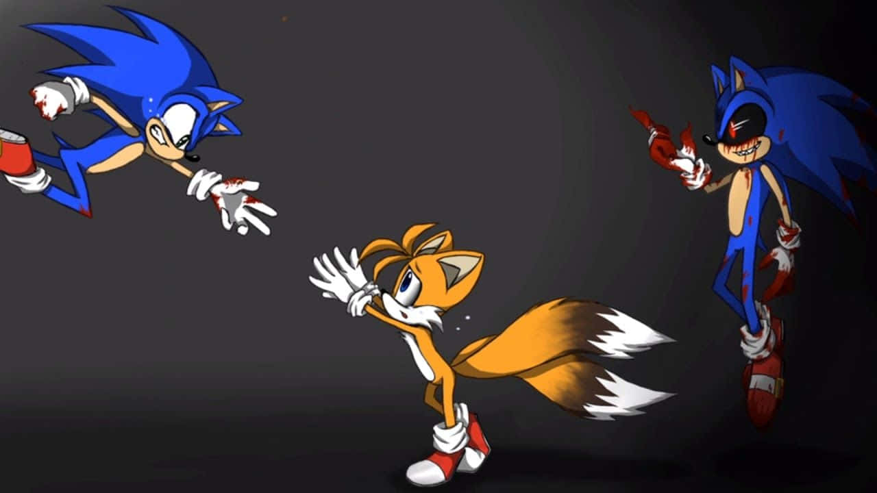 Sonic The Hedgehog 桌布 壁紙 — 三個風格化的音速小子角色在黑暗場景中，雙手沾滿鮮血，表情兇狠。