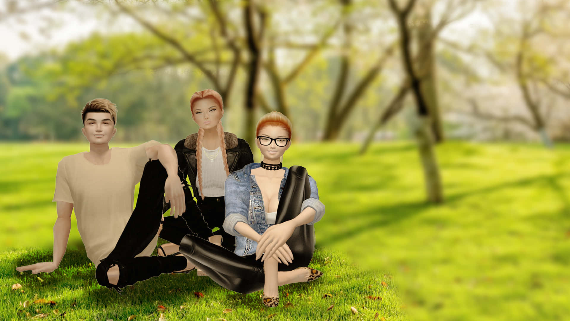 imvu 桌布 壁紙 — 三個風格化的頭像悠閒地坐在陽光普照的公園裡，在枝葉茂密的樹下，坐在充滿活力的綠色草地上。
