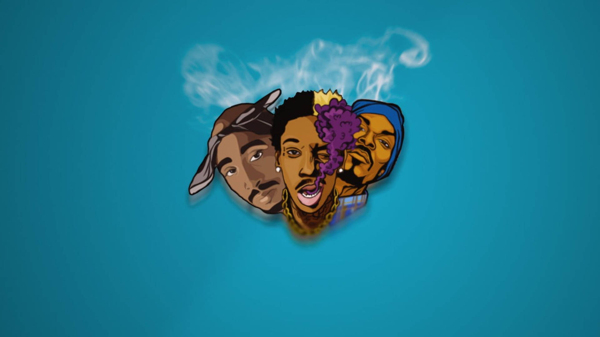 tupac 桌布 壁紙 — 三個風格化的饒舌歌手肖像漂浮在純青色背景上，煙霧從他們的頭頂升起。