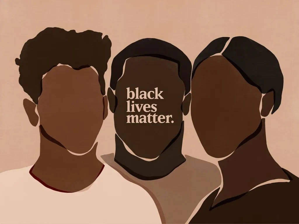 黑色 桌布 壁紙 — 三個風格化的黑人形象，中間的臉上置中顯示「black lives matter」文字，背景為柔和的米色。