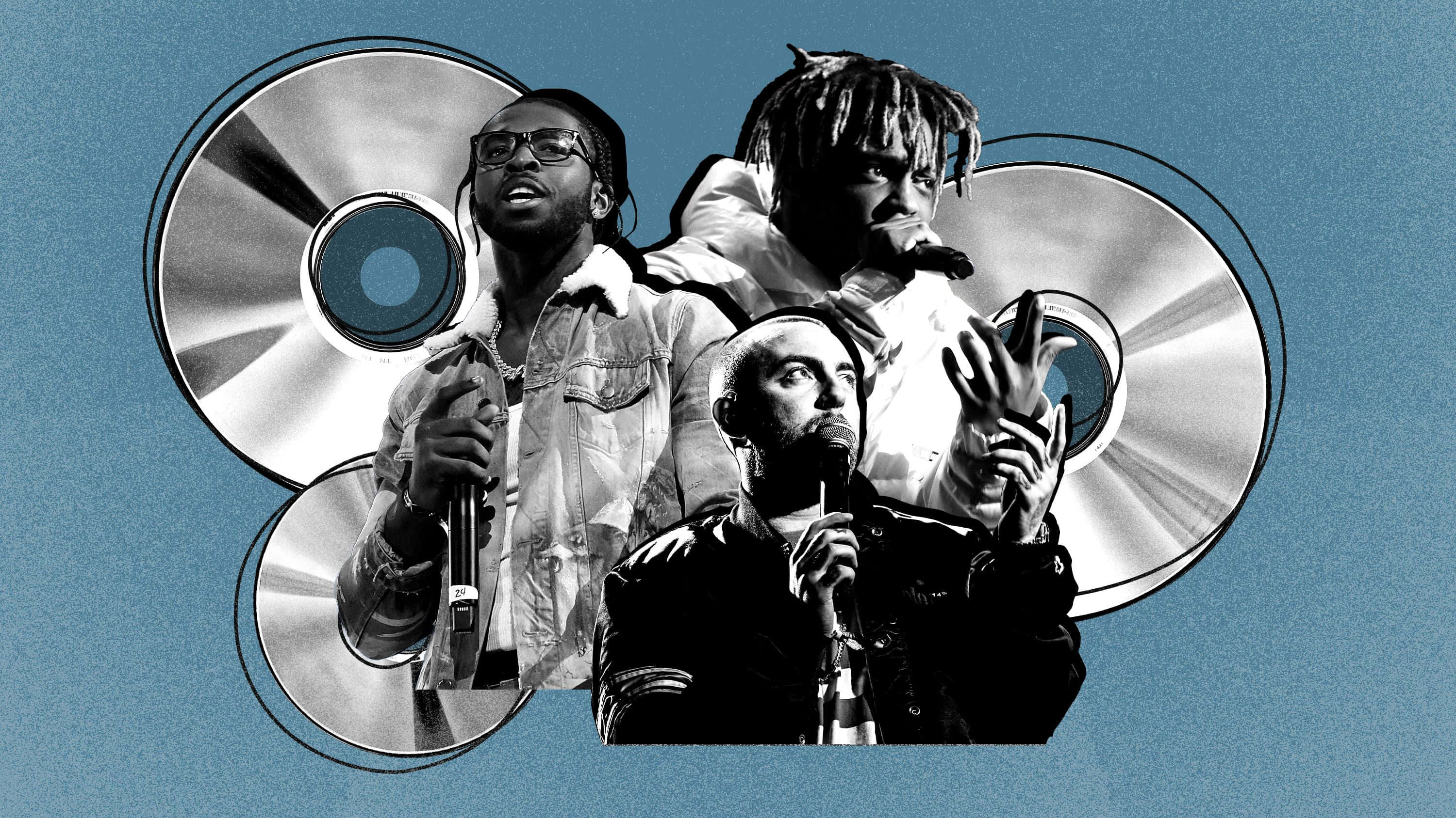 Rappers 桌布 壁紙 — 三個饒舌歌手的黑白肖像重疊在銀色CD圖案上，背景為青綠色。