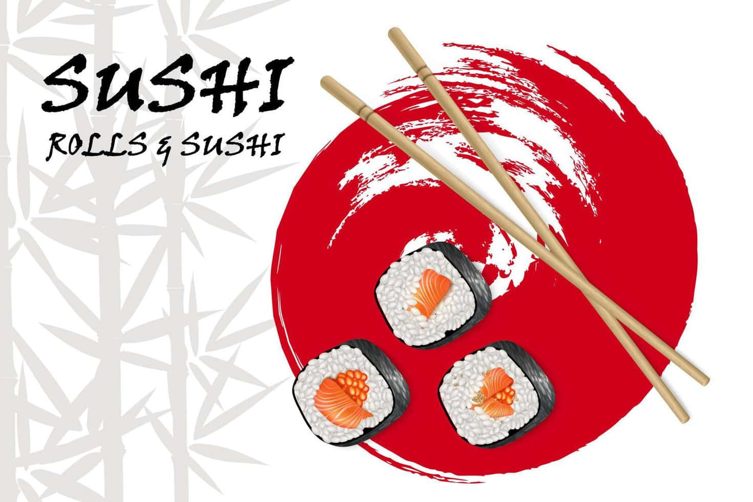 Sushi 桌布 壁紙 — 三個鮭魚飛魚卵壽司卷放在一個大膽的紅色筆觸圓圈上，搭配交叉的筷子及竹子背景。