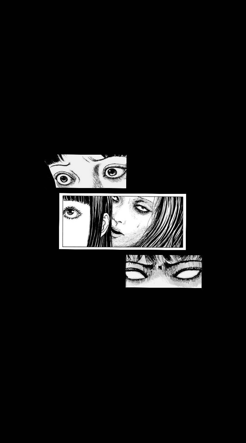 Junji Ito 桌布 壁紙 — 三個鮮明的黑白漫畫面板漂浮在虛空中，顯示出恐怖中強烈的人類眼睛和面孔。