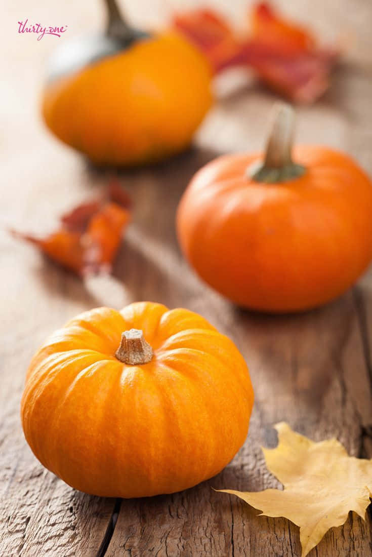 Cute Pumpkin iPhone 桌布 壁紙 — 三個鮮豔的橙色南瓜放在一個質樸的木質表面上，周圍環繞著秋葉。