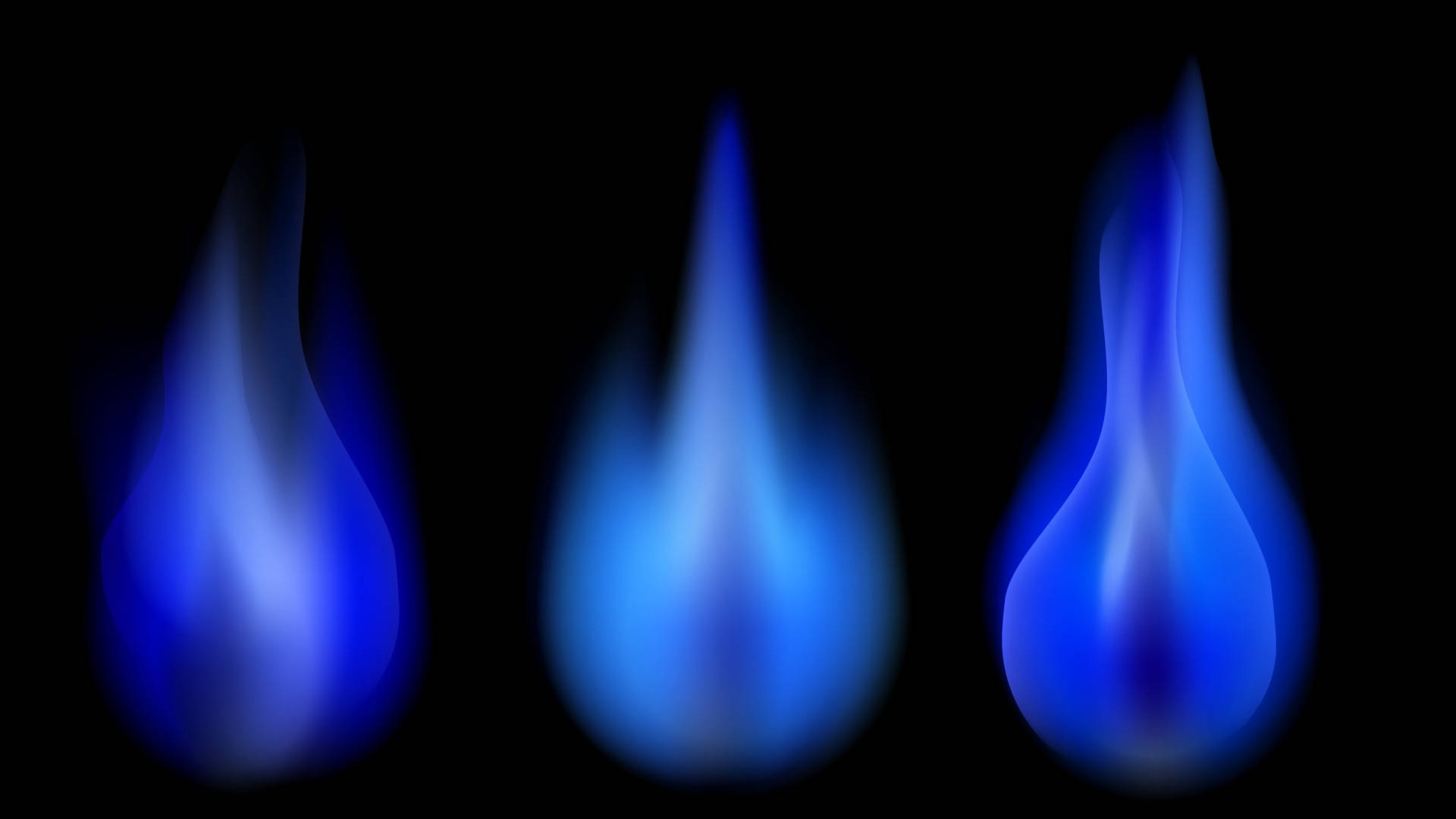 Flames 桌布 壁紙 — 三個鮮豔的藍色火焰在純黑色背景上柔和地發光，帶有平滑的漸變和微妙的運動模糊。