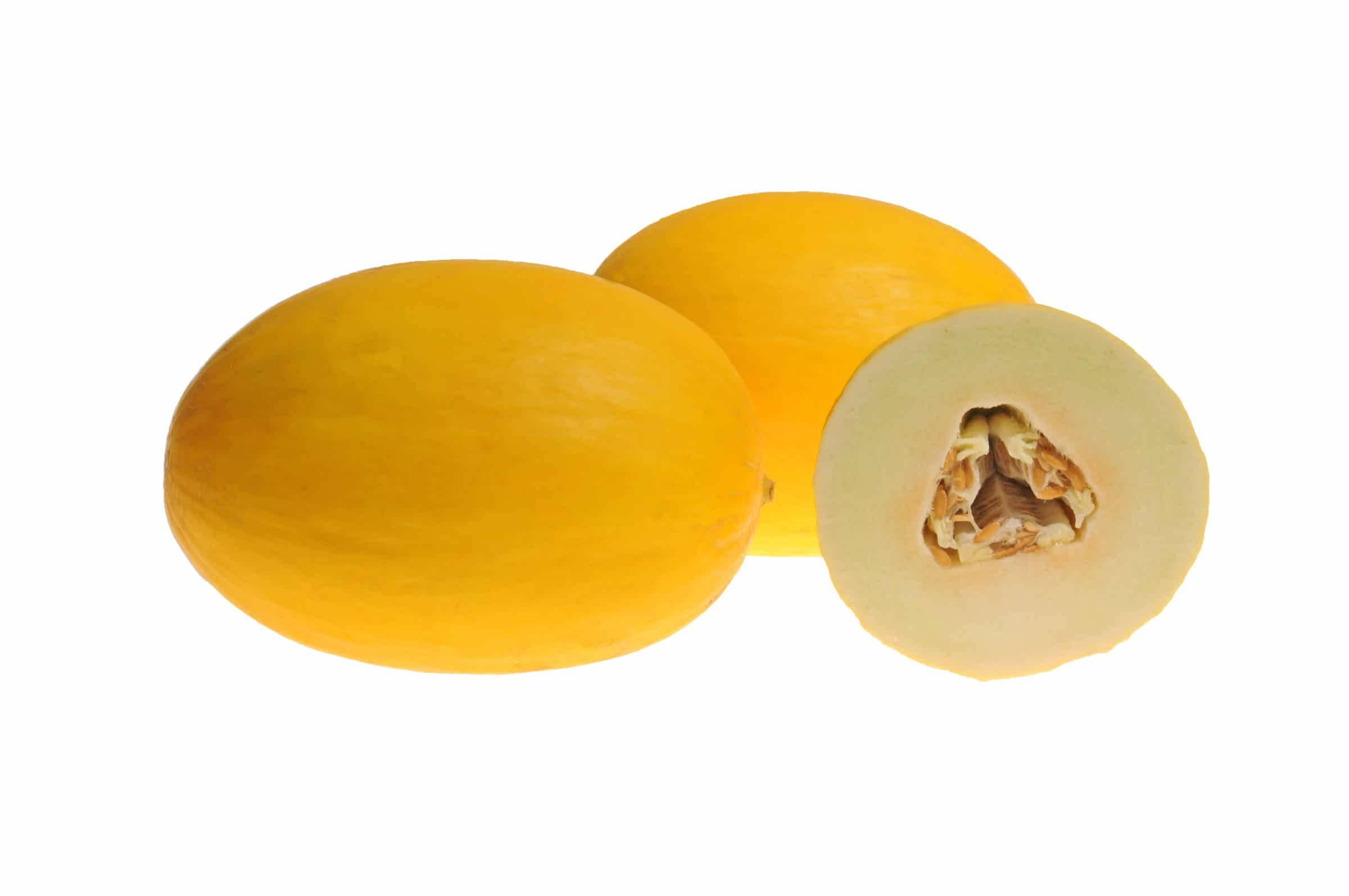 Fruit 桌布 壁紙 — 三個鮮黃色蜜瓜，其中一個切開，露出淡色果肉和種子，背景純白。