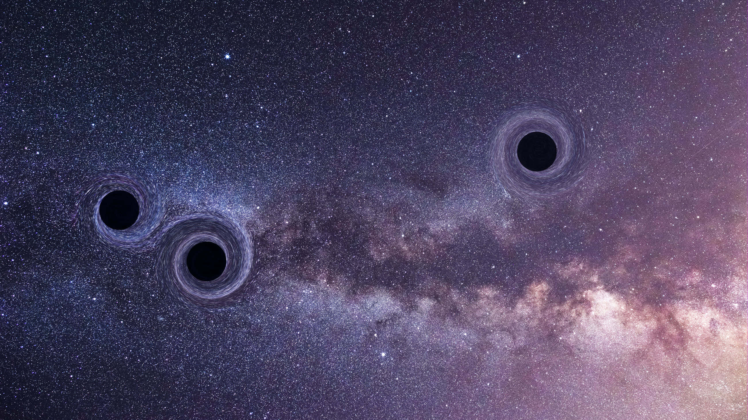 Black Hole Hubble Telescope 桌布 壁紙 — 三個黑洞在星光熠熠的宇宙背景下旋轉，伴隨著發光的紫色和藍色星雲。