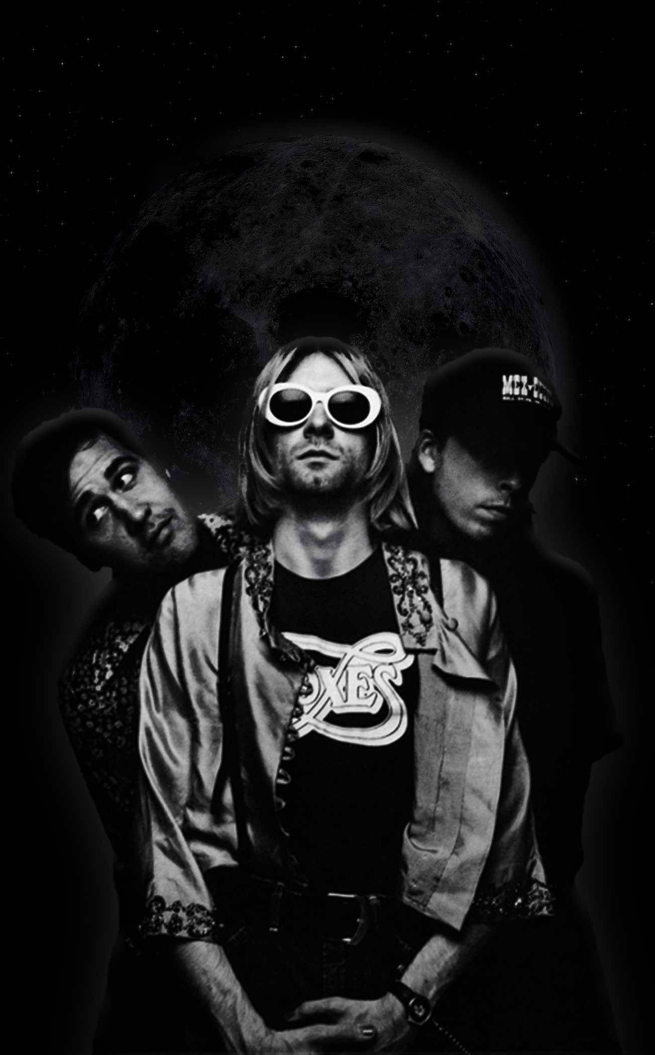 nirvana 4K 桌布 壁紙 — 三個黑白人物在星空背景下戲劇性地擺姿勢，身後有一輪大月亮。