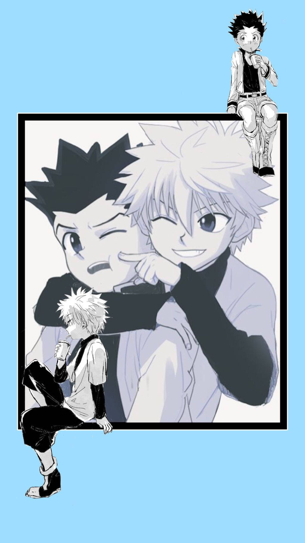 動漫男孩 桌布 壁紙 — 三個黑白動漫角色在淺藍色背景前頑皮地擺姿勢，其中一個眨眼，另一個微笑。