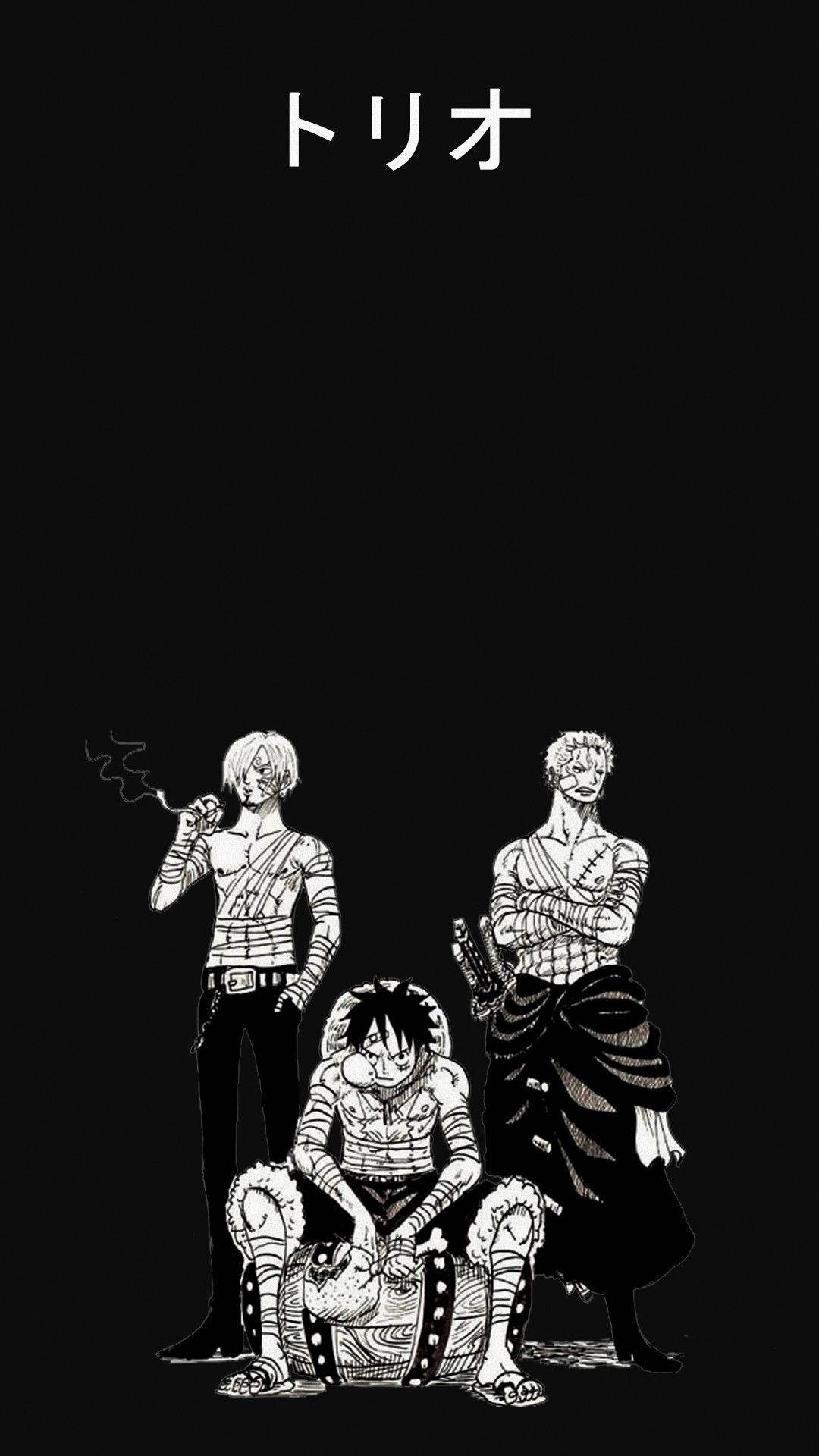 One Piece Phone 桌布 壁紙 — 三個黑白動漫角色站在深色背景前，一個抽煙，另一個與狗坐在一起。
