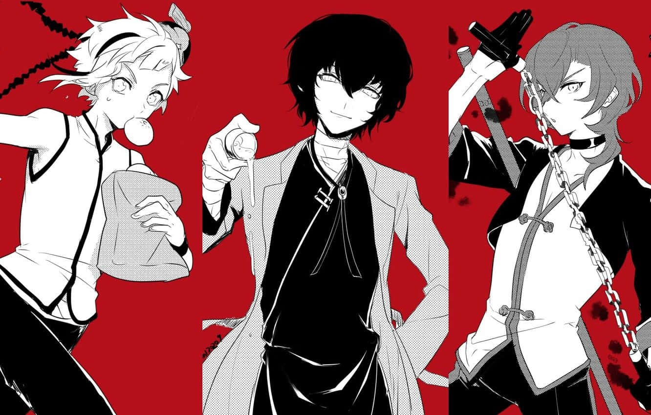 bungou stray dogs 桌布 壁紙 — 三個黑白動畫角色站在大膽的紅色背景前，帶有鎖鏈和戲劇性的姿勢。
