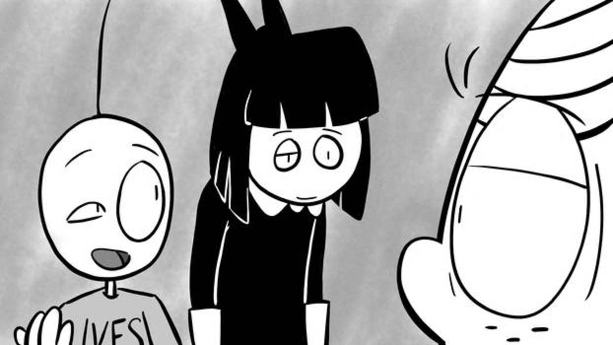 Animated 桌布 壁紙 — 三個黑白卡通角色，表情豐富，線條簡單，一起站在灰色背景前。