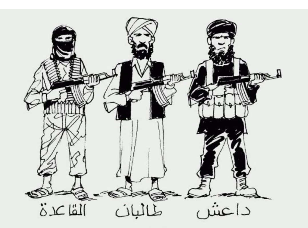 Taliban 桌布 壁紙 — 三個黑白線條藝術人物手持標有 al qaeda taliban daesh 的步槍並排站立。