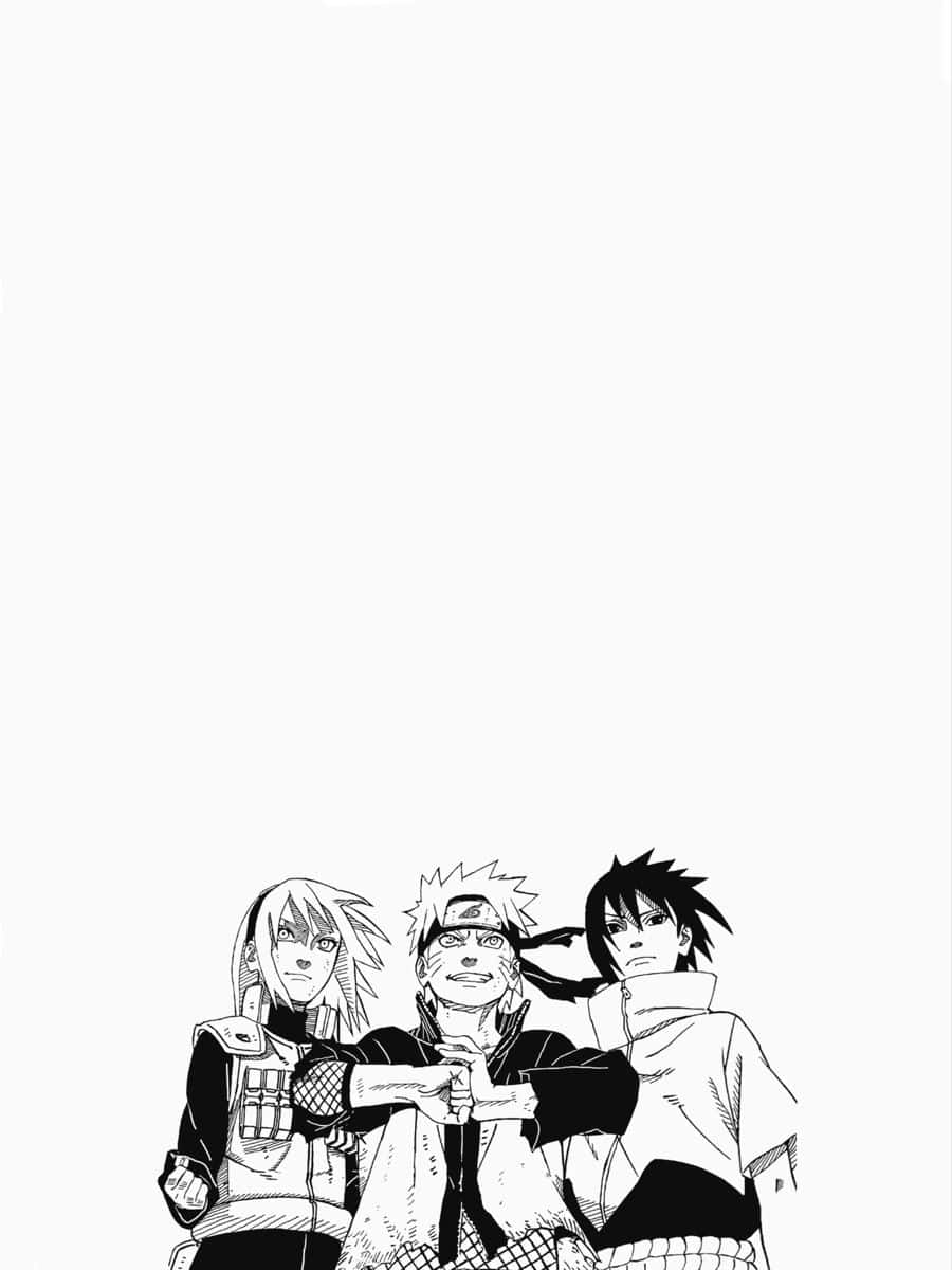 Naruto Black And White 桌布 壁紙 — 三個黑白線條藝術的動漫角色互相挽臂，站在純白色背景前。