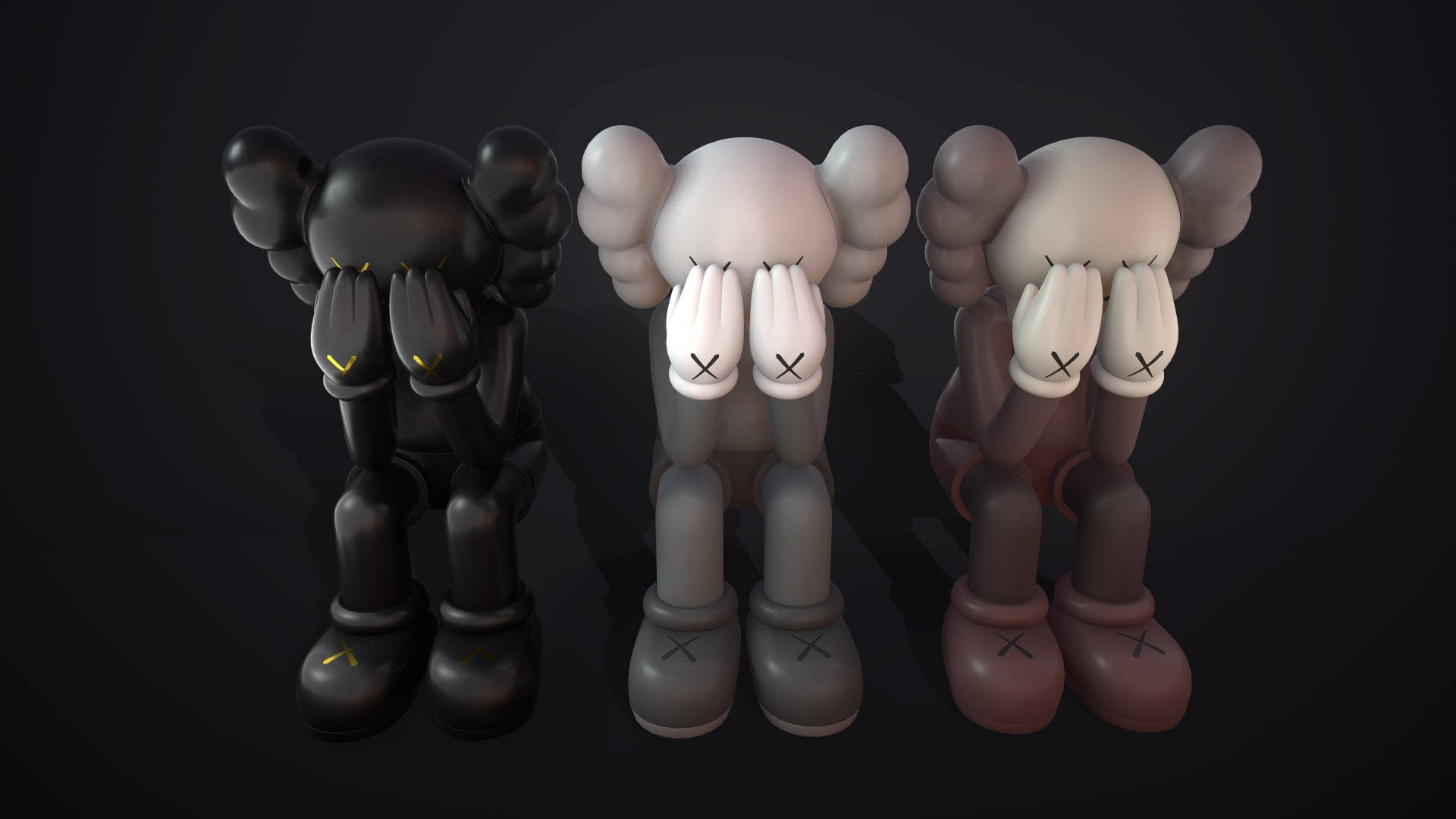 kaws pc 桌布 壁紙 — 三個黑色、灰色和棕色的KAWS Companion公仔並排坐著，在深色背景下遮住眼睛。