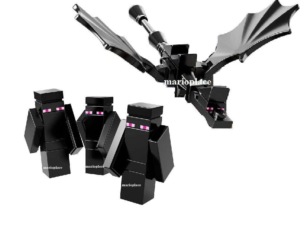 Ender Dragon 桌布 壁紙 — 三個黑色Minecraft終界使者及一個紫色眼睛的龍玩具，背景為白色。
