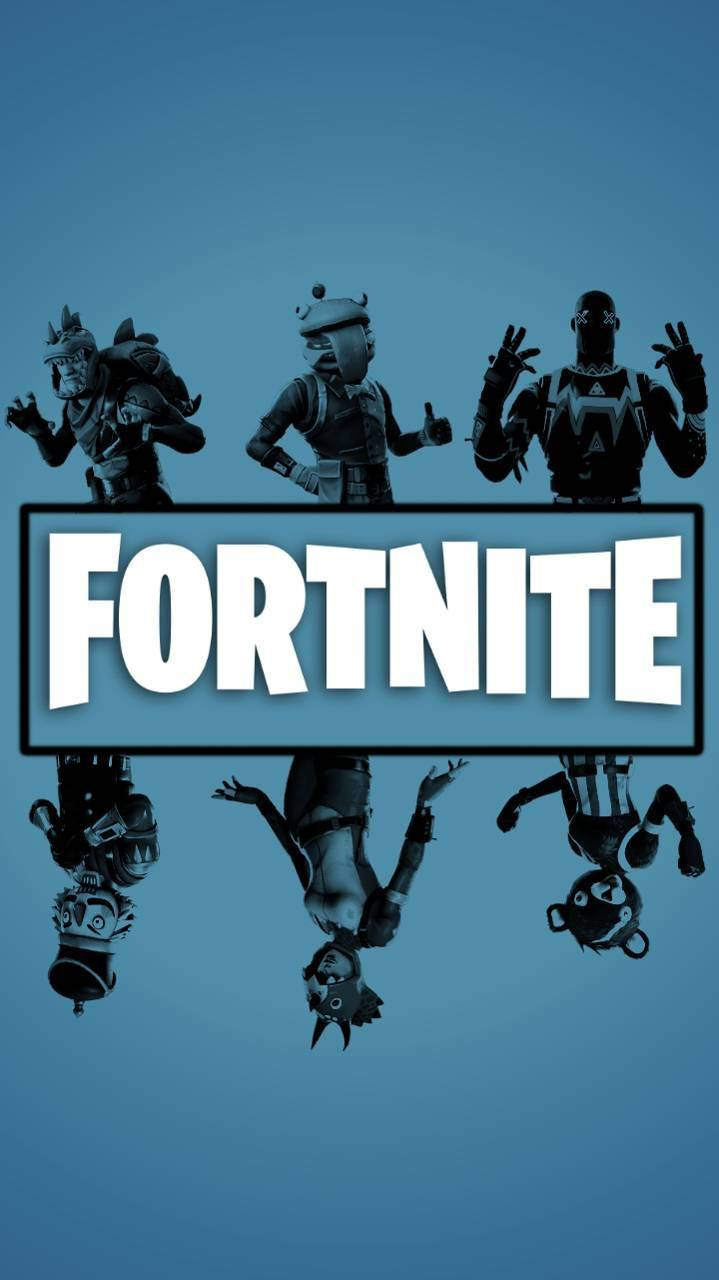 Fortnite 桌布 壁紙 — 三個黑色剪影的 Fortnite 角色在純藍色背景上，於一個粗體白色標誌的上方和下方擺姿勢。